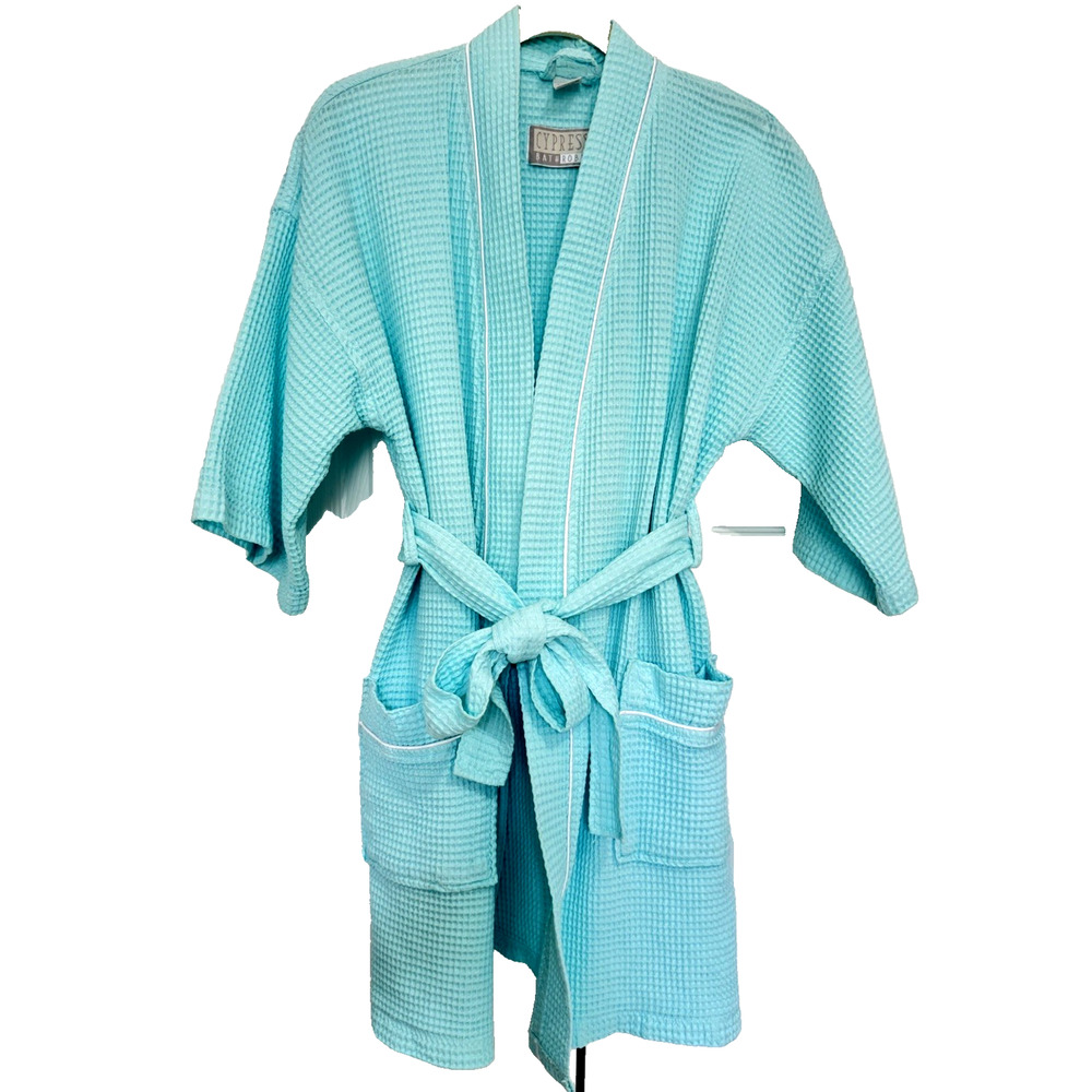 Vintage Cypress 100% Turkish Cotton Waffle Knit Short Robe Pockets Size M Aqua